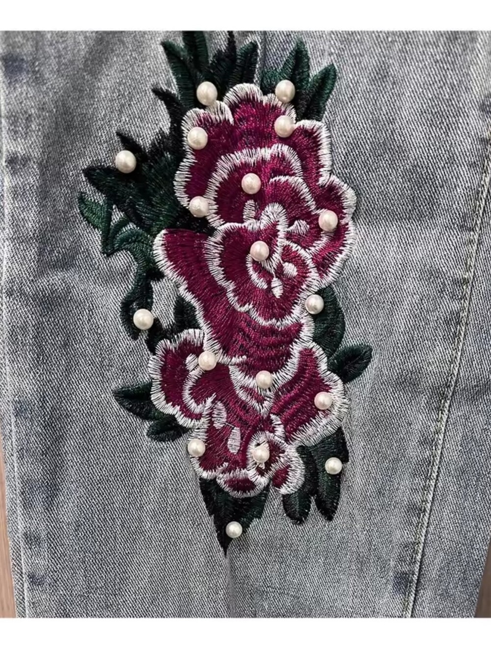 Light Wash Women's Jeans with Pink Floral Applique - Picture 5 of 6